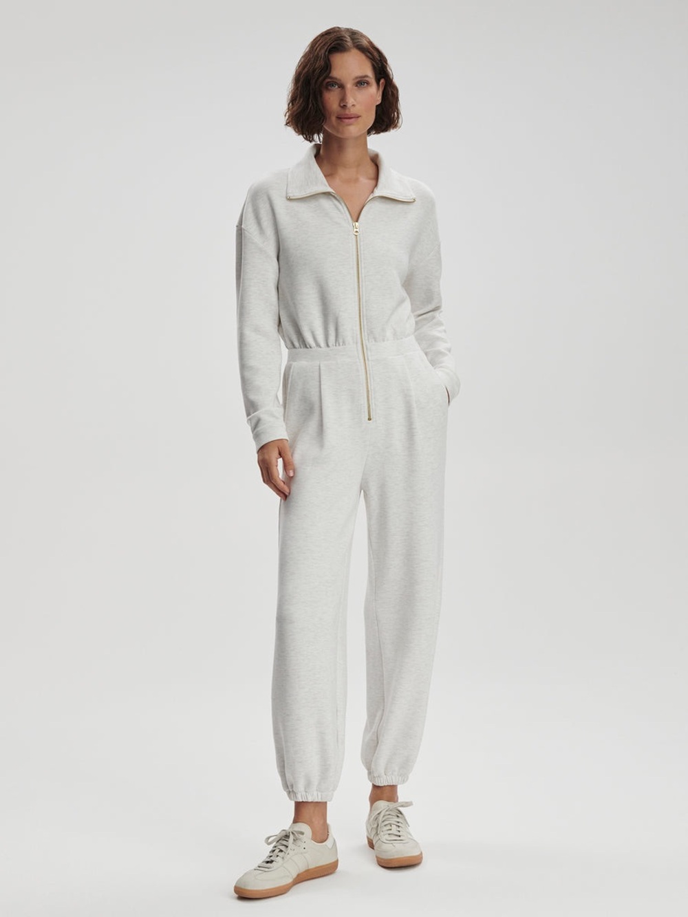 Varley Zip-Front Jumpsuit in Light Gray